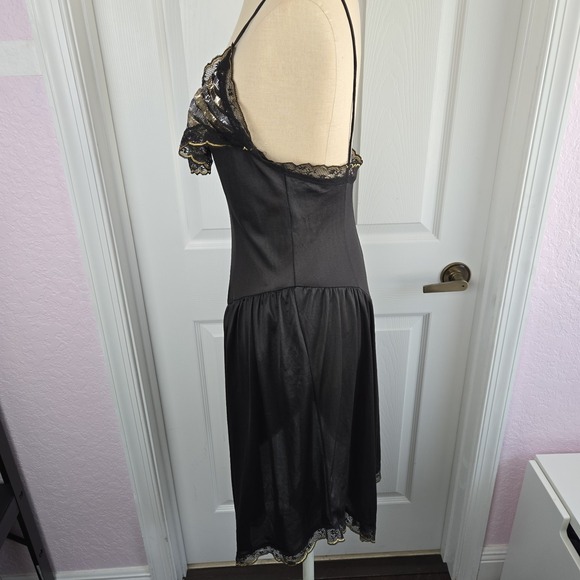 Private Matters Black Vtg 70s Lingerie Nightgown Slip Dress Size M Metalic - Picture 4 of 10